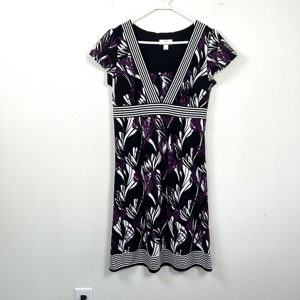 Ann Taylor Loft Dress Size 6 Purple Black Floral Stripe Knee Length Short Sleeve
